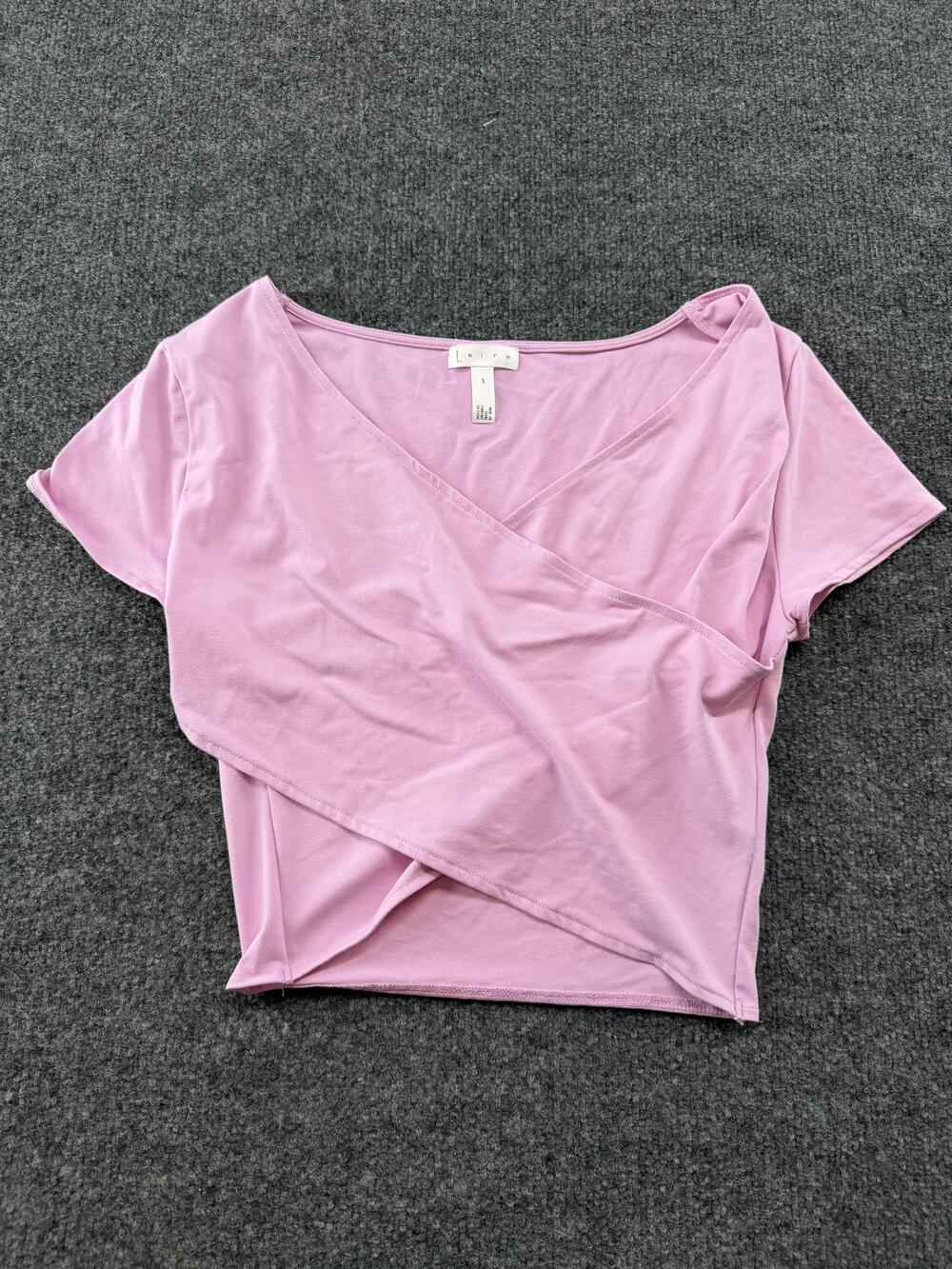 Leith Shirt Womens Small Pink Wrap Front V Neck Cropped Stretch Tee Top Basic